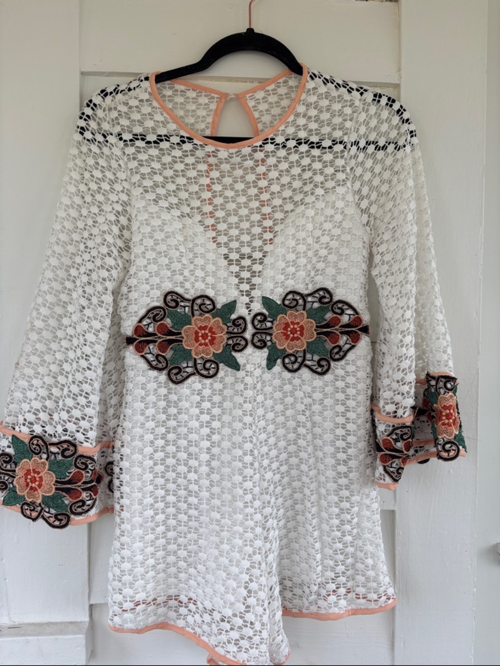 Solaris Style White Crochet Romper with Peach Trim